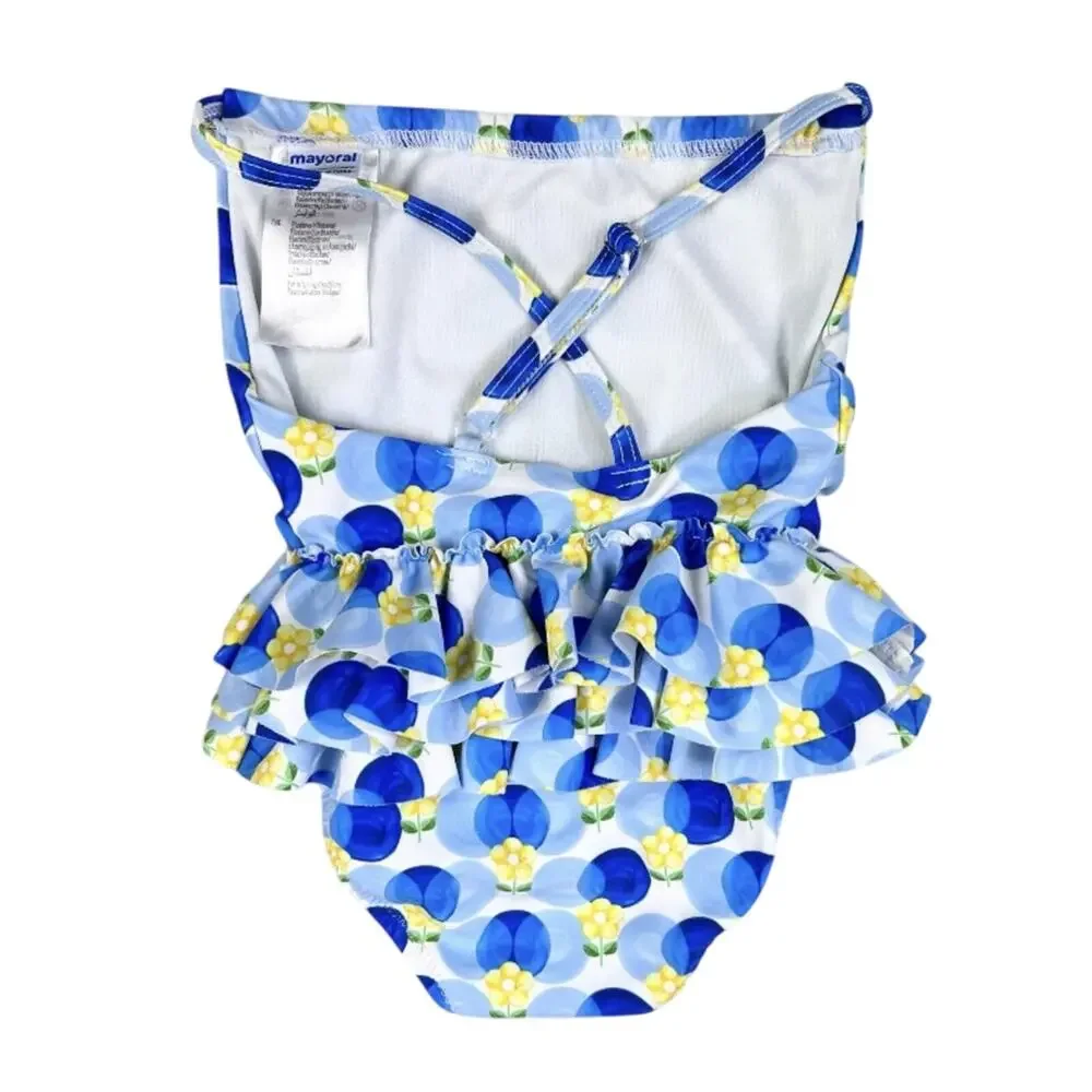 🌵3/$20 Mayoral One Piece Swimsuit Baby Girl 9-12M Blue Floral Ruffle Swim